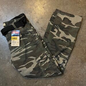 New Wrangler Cargo Pants Men 32x30 Green Camo Utility Relaxed Straight Belted